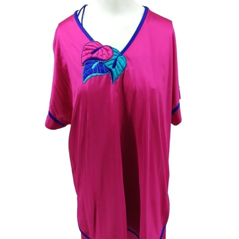Vintage Pajama Chemise Cover Up Set Size M Pink Satin 80s Top Pajamas Nightgown - Picture 6 of 15